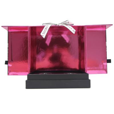 China Beautiful Handmade Custom Logo Printed Folding Cosmetic Pink Gift Box Packaging Folded Cosmetic Magnetic Gift Box With Ribbon For Girls for sale