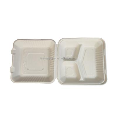 China Biodegradable Fast Food 3 Compartment Lock Disposable Takeout Box 9 Inch Sugarcane Occasional Bagasse for sale