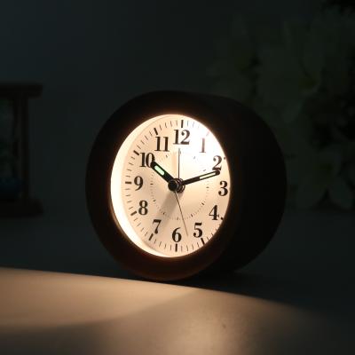 China Antique Style Analog Small Round Nap Night Light Alarm Table Style Wooden Desk Clock for sale