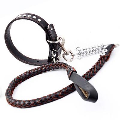 China Amazon Pet New Sustainable Hot-selling Straight-Strand Cowhide Collar Set Leather Dog Leash for sale