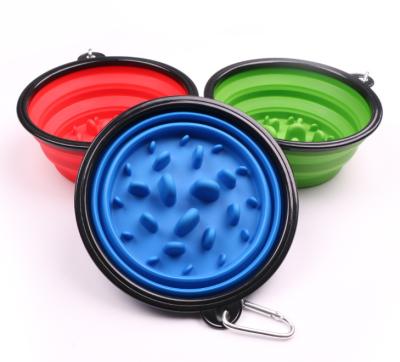 China New 100% Food Grade Silicone Portable Travel Food Dog Viable Collapsible Slow Bowls with Carabiner for sale