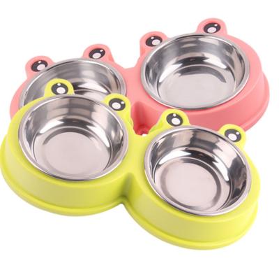 China Sustainable Plastic Cartoon Frog Double Feeder Stainless Steel Pet Bowl for sale