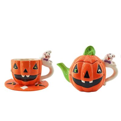 China Viable Design Funny Pumpkin Teapot Halloween Ceramic Pumpkin Coffee Mug With Tray for sale