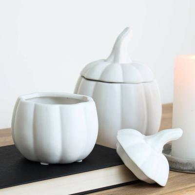 China Sustainable white ceramic pumpkin jar with a ceramic lid for sale