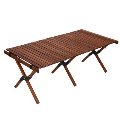 China Modern Portable BBQ Picnic Camping Roll Egg Stall Table Folding Deisgn Teak Wood Self Propelled Wooden Table for sale