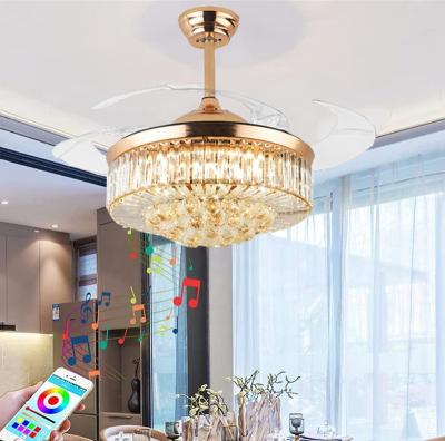 China Geo modern 1050 dc chandelier wifi retractable crystal ceiling fan light with bluetootho speaker parts panel fan control for sale