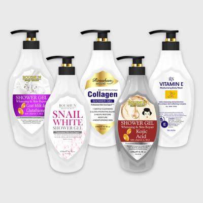 China ROUSHUN OEM series whitening shower gel with snail white, collagen, kojic acid, goat milk glutathione whitening shower gel for sale