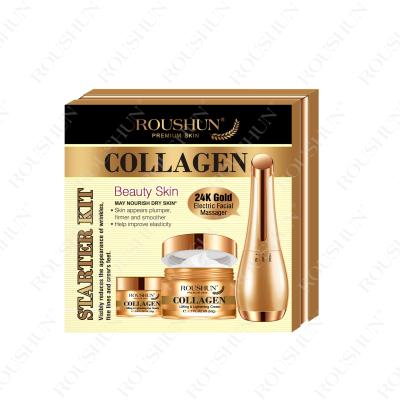 China Rejuvenation Skin Care Anti Aging and Brightening Beauty Skin Roushun Collagen Eye Cream Kit + Face Cream +24K Electric Facial Massager for sale