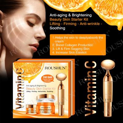 China ROUSHUN Facial Vitamin C Beauty Skin Gift Set To Whiten Face And Fade Fine Lines Around Eyes With 24K Gold Massager for sale