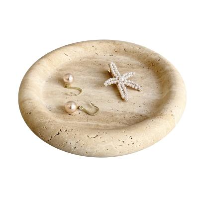 China Sustainable stonekocc Brand Travertine Stone Carving Round Fruit Tray Natural Marble Circular Edge Tray Ornaments Sundries Storage Small for sale