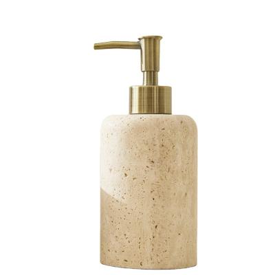 China Sustainable stonekocc Travertine Marble Stone Refillable Bathroom Liquid Dispenser Lotions Soap Container With Stainless Steel Pump Heads for sale