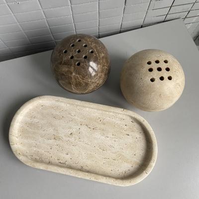 China Japanese Incense Stonekocc Brand Customized Natural Travertine Incense Sphere Holder Stone Wood Burner Holder Marble Incense Burner Incense for sale