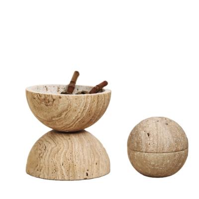 China Sandalwood stonekocc Brand Natural Marble Cave Hole Stone Round Incense Burner Beige Travertine Ball for Home Coffee Table Room Gift for sale