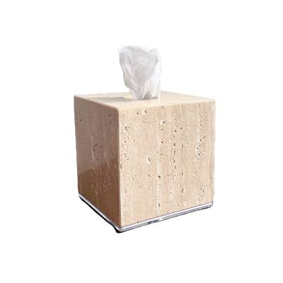 China Modern stonekocc Square Yellow Cave Marble Tissue Box Natural Stone Yellow Travertine Storage Organization Case for sale