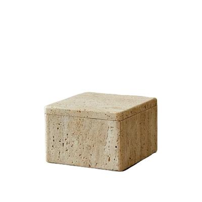 China French stonekocc Natural Square Marble Porch Bathroom Vanity Sundries Storage Box Jar with Lid Yellow Travertine Stone for sale