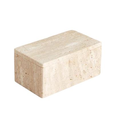 China Wabi-sabi stonekocc Ins Wind Natural Marble Rectangle Porch Bathroom Vanity Sundries Storage Box Jar with Lid Yellow Travertine Stone for sale