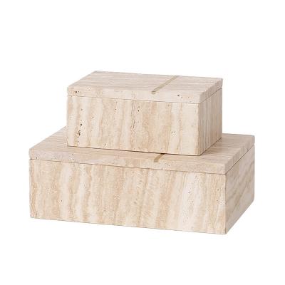 China Wabi-sabi stonekocc Wabi-Sabi Natural Marble Porch Bathroom Dresser Jewelry Sundries Storage Box With Lid Yellow Travertine Copper Strip for sale