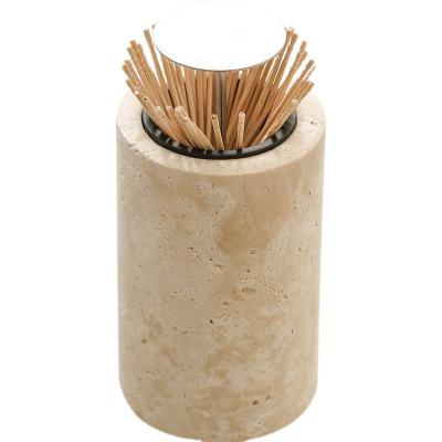 China Modern stonekocc Brand Customized Natural Travertine Marble Metal Combination Press Type Automatic Pop-up wabi-sabi Toothpick Box for sale