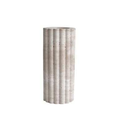 China Wabi-sabi stonekocc French Wabi-Sabi Natural Marble Stone Classical Beige Travertine Stone Cylinder Table Vase Ornament Home Deco for sale