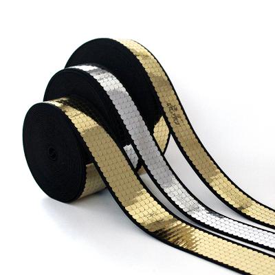 China Free Sample Gold Elastic Sequins Shoes Elastic Sandal Band Strap Polyester Webbing Band for sale