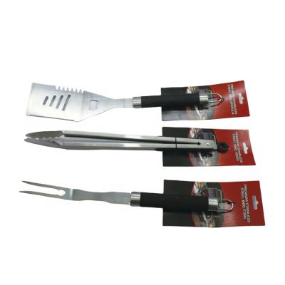 China 3pcs TPR Handle Stainless Steel High Grade 430 BBQ Utensil Set Easily Cleaned With Hang Hole for sale