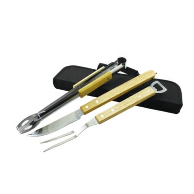 China 3pcs Stainless Steel Barbecue Fork and Knife and Tongs Easily Cleaned Tool Kit with Rubber Wood Handle for sale