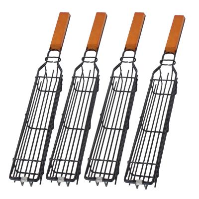 China Easily Cleaned Non-Stick Kebab Grilling Baskets Set Of 4, Wooden Handle BBQ Grill Basket Set for sale