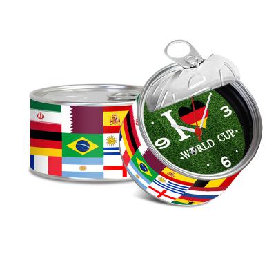 China Portable Football Gift World Cup Custom Print Tin Can Clock Magnetic For Fridge for sale