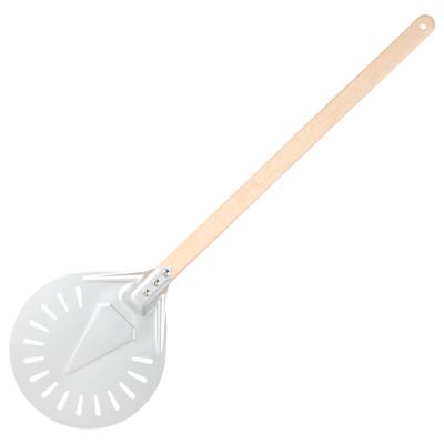 China 9 Inch Perforated Pizza Paddle Sustainable Aluminum Round Pizza Skin With Beech Wood Handle for sale