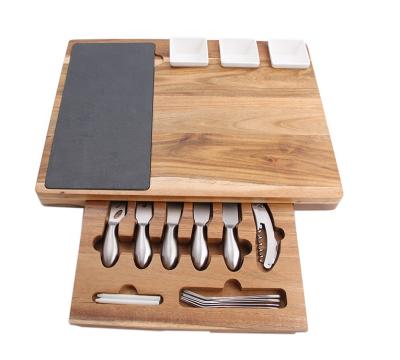 China Sustainable Acacia Wood Cheese Cutting Chopper Cheese Knife Set With Slate Board And Shooter for sale