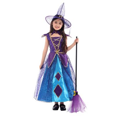 China Girls Blue Purple Witch Dress Halloween Dress Up Costume Party Cosplay Costume Kids Costume Up Witch Hat for sale