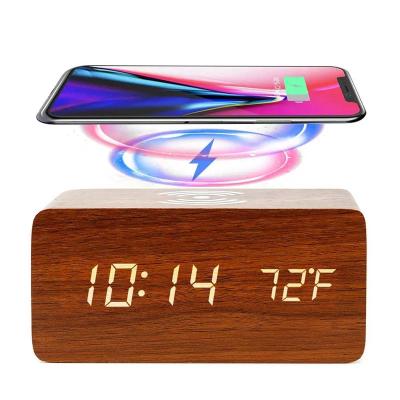 China Modern Multi-Function Led Clock Control Clock Antique Style Digital Readout Sound Temperature Show Wooden Craft Wireless Charging Clock for sale