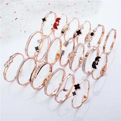 China FASHIONABLE Hot Sell Women Jewelry Roman Numerals Bangle Rose Gold Zircon Clover Friendship Bracelet Cuff Meditation Bracelet For Women for sale