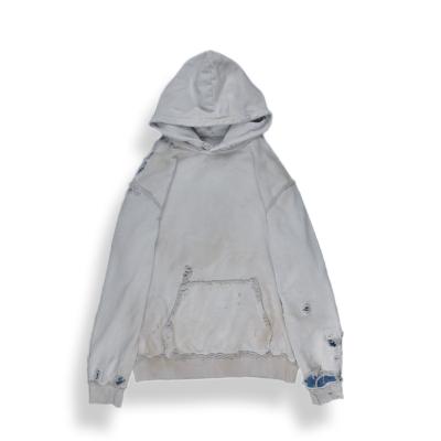 China high quality Anti-wrinkle fall handeroded vintage washed indigo dye antique fabric patch distressed off-white hooded sweatshirt for sale