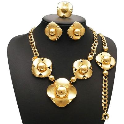 China JK0503 Vintage Jewelry Set 24K Gold Plating Copper Jewelry Set Luxury Good Quality Flower Gold Necklace Brass Bracelet Ring Earring for sale