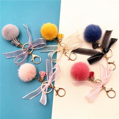 China Fashionable Ball Key Women's Fur Key Ring Bag Cute Bow Keychain Lace Plush Cartoon Car Key Holder Accessories Pendant Gift for sale