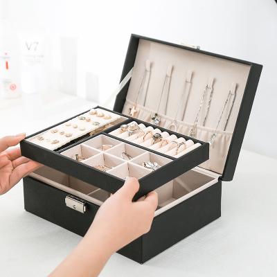 China Wooden Jewelry Box Travel Jewelry Organizer Princess Jewelry Box Cosmetics OEM/ODM Leather Storage Double Recyclable Jewelry Box for sale