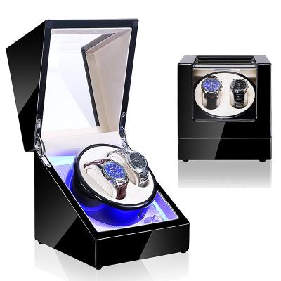 China Luxury Watch Winder Watch Shaker Rotating 2 Mechanic Watches PU Leather Inner Doubles Black High Gloss Polished Wooden Watch Winder Box for sale