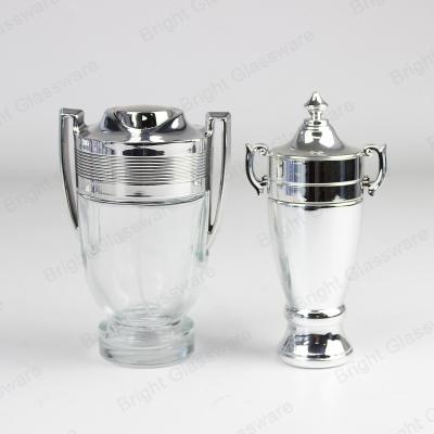 China Perfume Bottle Cosmetic Electroplating Silver Glass Trophy Shape Perfume Glass Jar With Sprayer for sale