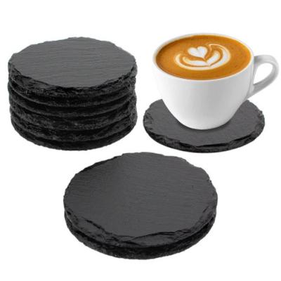 China Sustainable Round Slate Drinks Coaster Set Table Decor Non-Slip Heat Resistant Black Slate Round Shape Rock Coaster Custom Coasters for sale