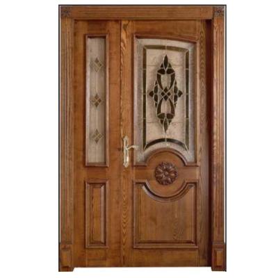 China Traditional Classic Entry Style Art Glass Insert Solid Wood Door With Side Panel for sale