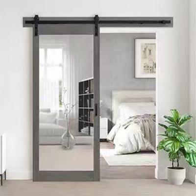 China Modern Stylish Mirror Gray Painted Interior Bedroom Sliding Wood Door Mirrored Barn Door With Hardware for sale