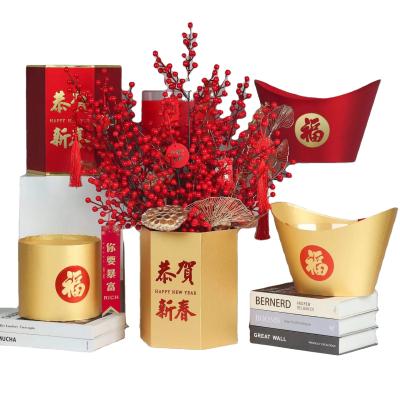 China Environment Friendly & Fashionable Artificial Flower Holly Bucket Decorative Home Decoration Red Bucket for Wedding Decoration for sale