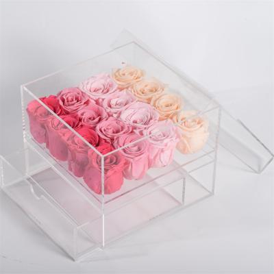 China 2021 celebration handmade artificial flowers 16 heads preserved roses in acrylic box for wedding valentines for sale