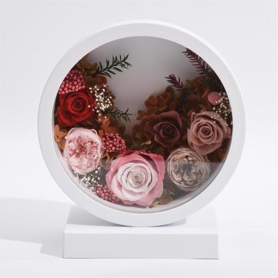 China Environment Friendly & Fashionable White Round Craft Box LED Light with Austin Eternal Preserved Immortal Rose Bottom for Deco Wedding for sale