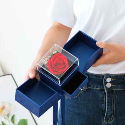 China Wholesale Wedding Party Event Decoration 2021 New Eternal Rose Ring Flower Box With Drawer Delicate Valentine's Gift Acrylic Decorative Flower for sale