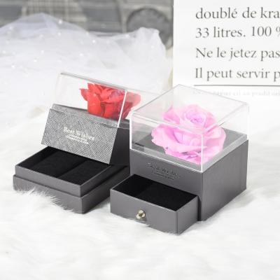 China Hot Selling Eternal Rose Box Preserved Roses In Square Flower Acrylic Box Rose Box Gift With Drawer Wholesale Natural Real Touch for sale