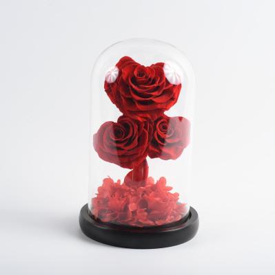 China Environment Friendly & Fashionable Wedding Decor Preserved Flower Three Heart Shape Rose Red Eternal Immortal Preserved Roses In Glass Dome for sale