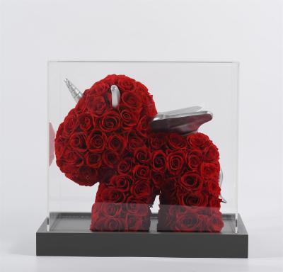 China Hot Sale Luxury Unicorn Shaped Rose Bear Preserved Flower Decor Events Decoration Roses in Acrylic Box for sale