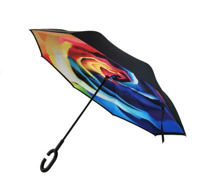 China Double Layer Double Layer Inverted Umbrella C Handle Colorful Rose Printing Reverse Manual Rain Umbrella for sale